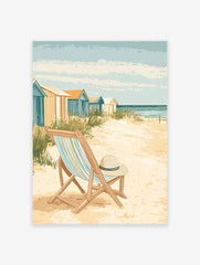 Coastal beach poster featuring a vintage illustration of beach huts, a striped deck chair with a straw hat, and the ocean.