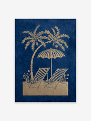 Golden palm tree, beach umbrella, and two striped deck chairs on a blue background in an illustrative print