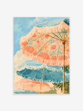 Watercolour beach umbrella art print with coral and blue parasols and shell motifs