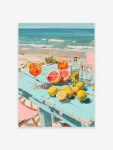 Painterly beach scene art print with orange cocktails, lemons, and grapefruit on a blue table by the ocean