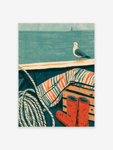 Coastal boat poster with seagull on rail, coiled rope, striped life ring, red wellies, teal sea