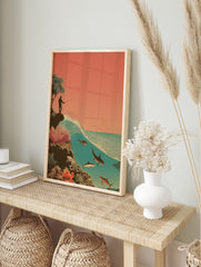 Illustrative print of a man fishing from a cliff, with a large wave and sharks in the salmon, in an alternate framed mockup