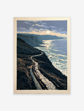 Coastal cliff path landscape art print with winding trail, sea, and sunset in blue and cream tones
