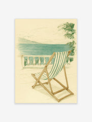 Illustrative print of green and white striped deckchair on balcony overlooking blue sea and distant land