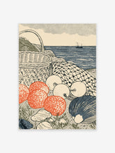 Coastal still life poster with basket, fishing net, orange buoys, shells, and a boat at sea