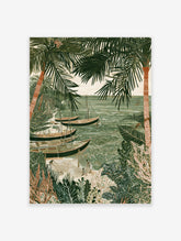 Illustrative coastal fishing scene wall art with dhow boats, palm trees, and fishermen on a sandy beach in green tones