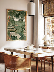 Illustrative coastal fishing scene wall art with dhow boats, palm trees, and fishermen on a sandy, in a styled room mockup