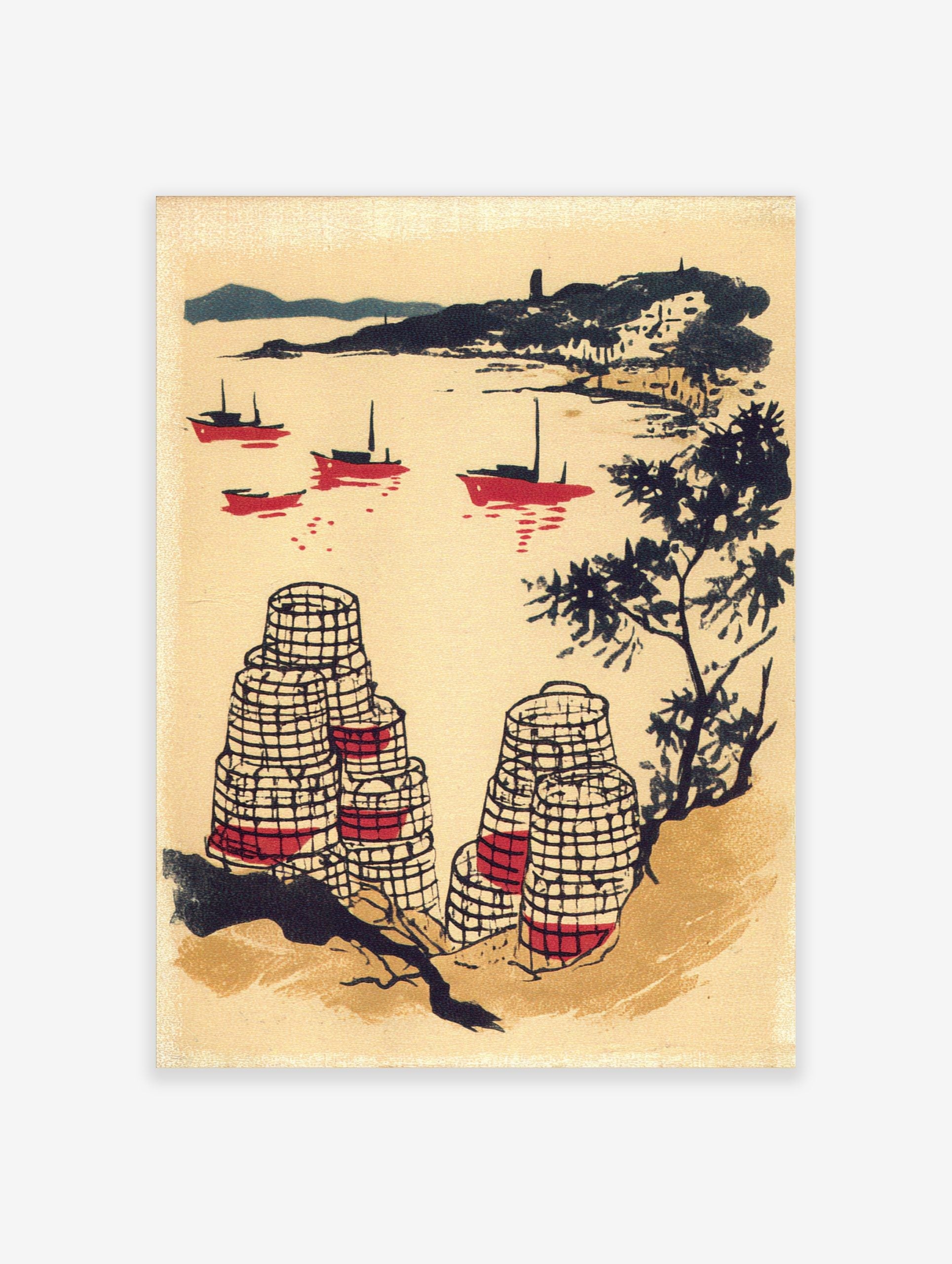 Illustrative coastal scene with red fishing boats, dark hills, and patterned lobster pots in foreground