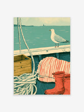 Coastal harbour art print with seagull on white pier, rope, crate, striped cloth and red boots by teal water