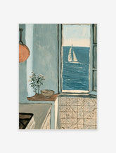 Coastal kitchen poster of a sailing boat seen through a window, with copper pan and flower sprig