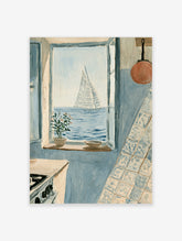 Coastal kitchen poster of a sailing boat seen through an open window with a plant and bowl on the sill