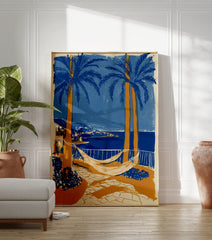 Coastal landscape poster with blue palm trees, orange trunks, white hammocks, a blue sea, and a distant town. - Image 3