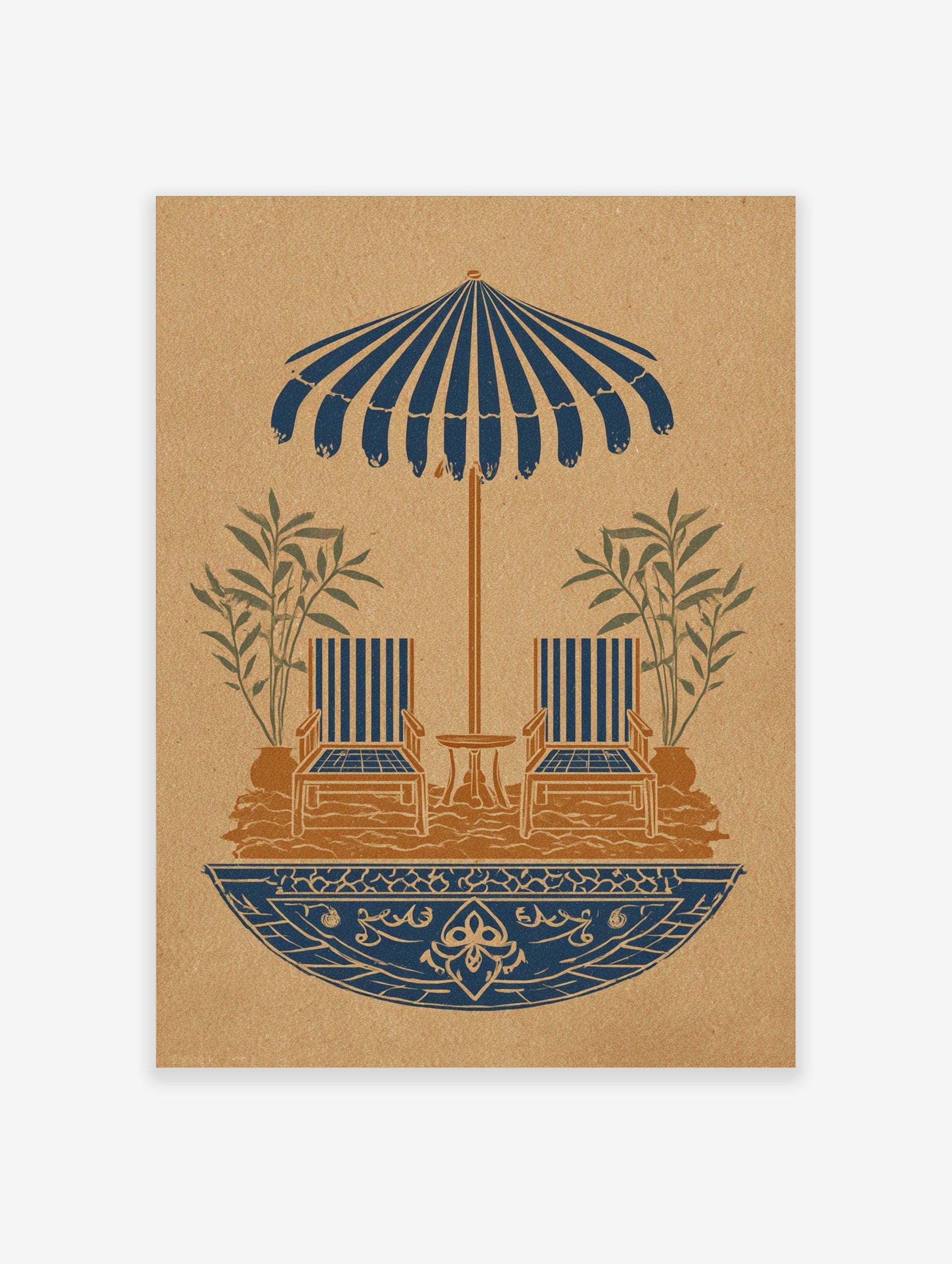 Illustrative print of striped parasol, two lounge chairs, table, plants in blue and brown on textured background