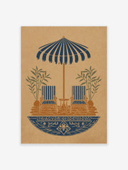 Illustrative print of striped parasol, two lounge chairs, table, plants in blue and brown on textured background
