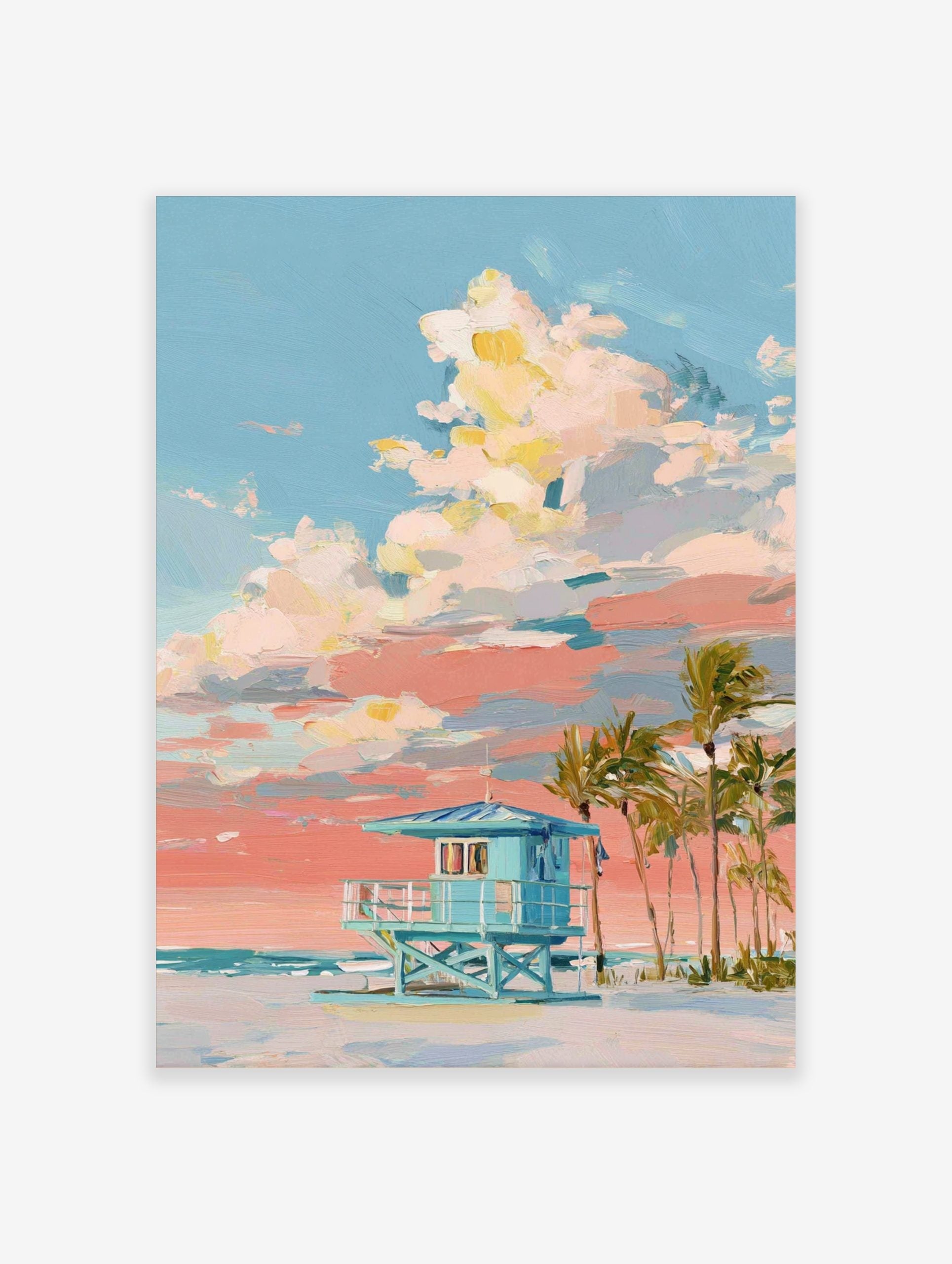 Painterly art print of a teal lifeguard hut on a beach with palm trees, under a blue and peach sunset sky