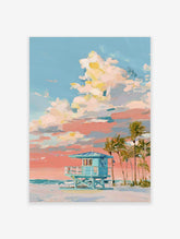 Painterly art print of a teal lifeguard hut on a beach with palm trees, under a blue and peach sunset sky