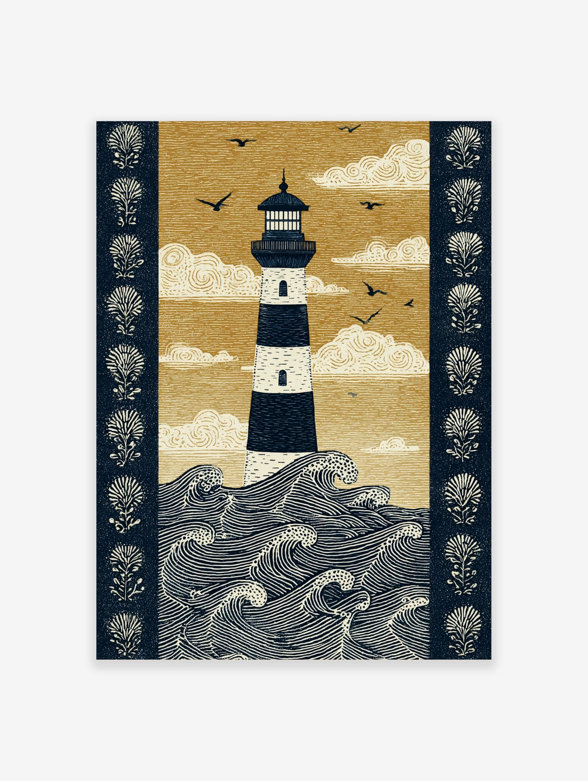 Illustrative print of a striped lighthouse in dark blue and golden-beige, with crashing waves, birds, and decorative borders
