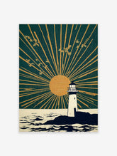 White lighthouse on rocky coast with golden sun and radiating rays in deep teal sky, birds flying, ocean waves