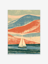 Coastal sailboat poster with cream sail on teal water and red and blue mountain layers