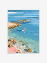 Impressionistic painting of person paddleboarding on clear blue water near rocky coast and pink sand