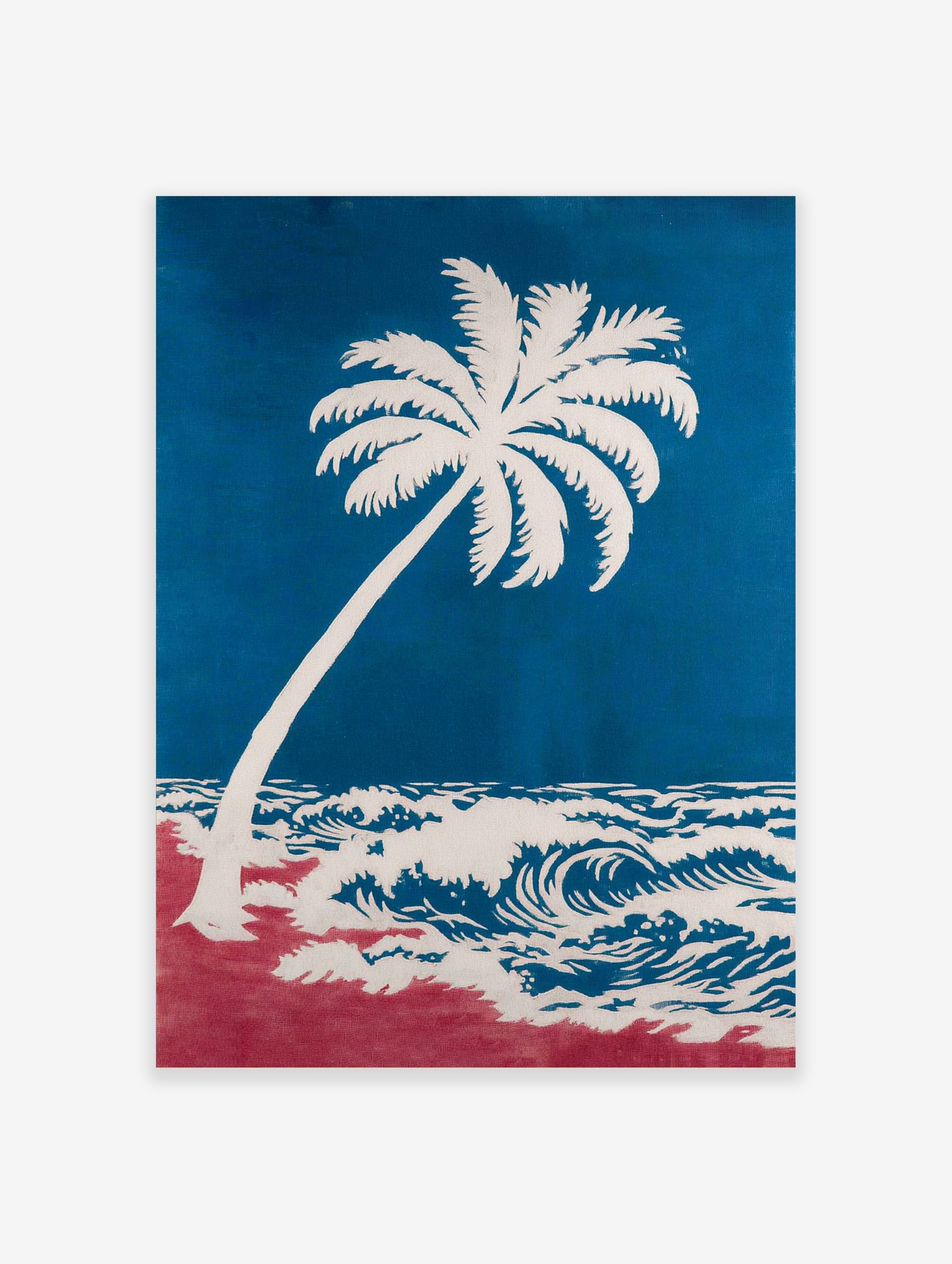 Coastal art print of a white palm tree leaning over blue ocean waves and a red beach