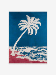 Coastal art print of a white palm tree leaning over blue ocean waves and a red beach