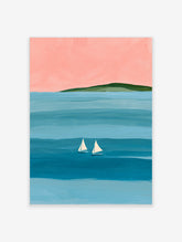Coastal sailing boat poster with two white sails on teal water, pink sky and green headland