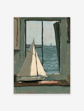 Coastal wall art print of a model sailboat on a windowsill with a blue sea view