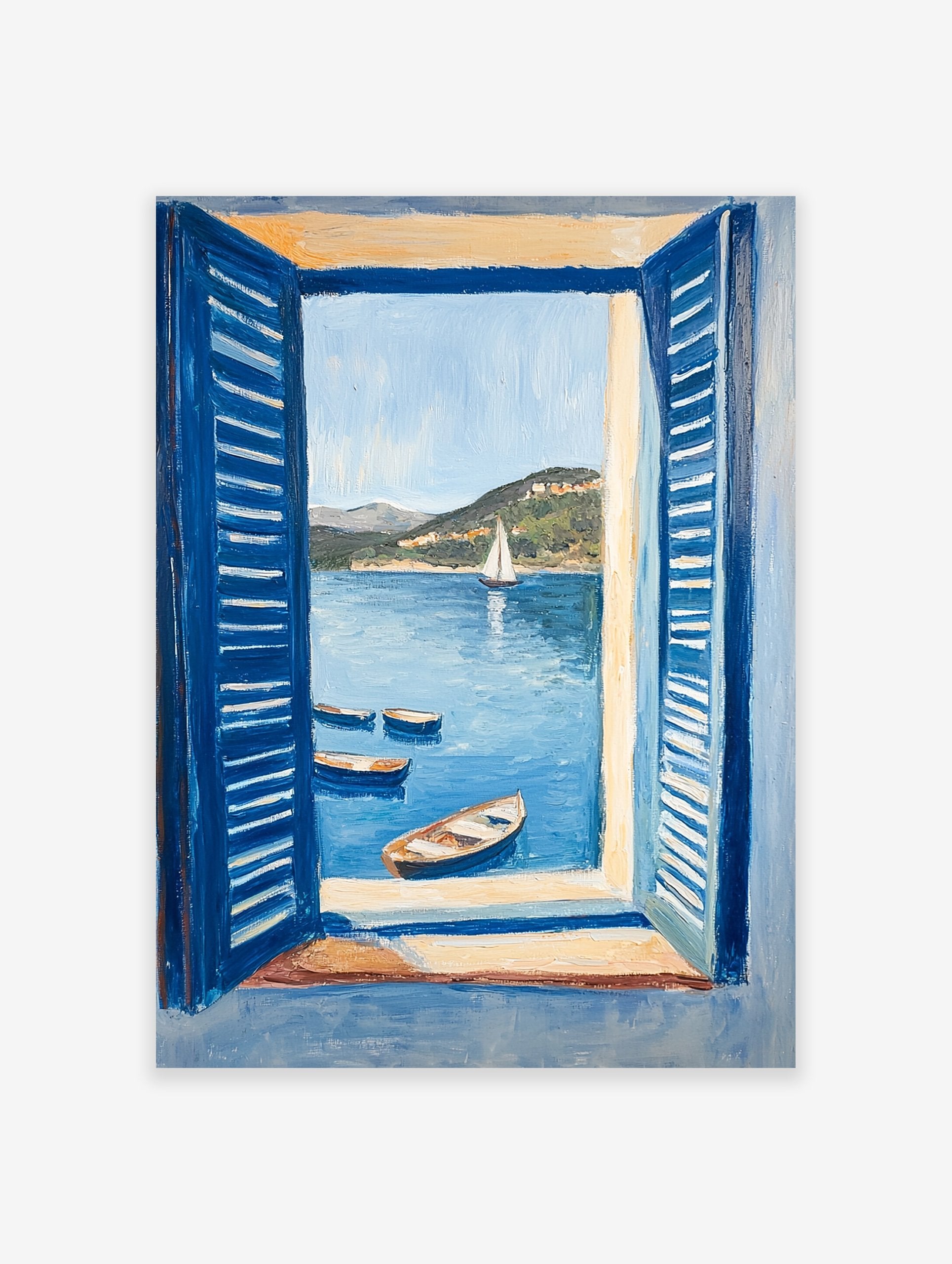 Coastal painting showing a sea view through blue open shutters, with boats in the water and hills in the background.