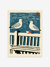 Two seagulls on a white pier rail with a chip cup, blue sea background, coastal art print