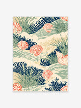 Coastal seashell wall art print with coral scallop shells, navy coral and green beach grass on cream