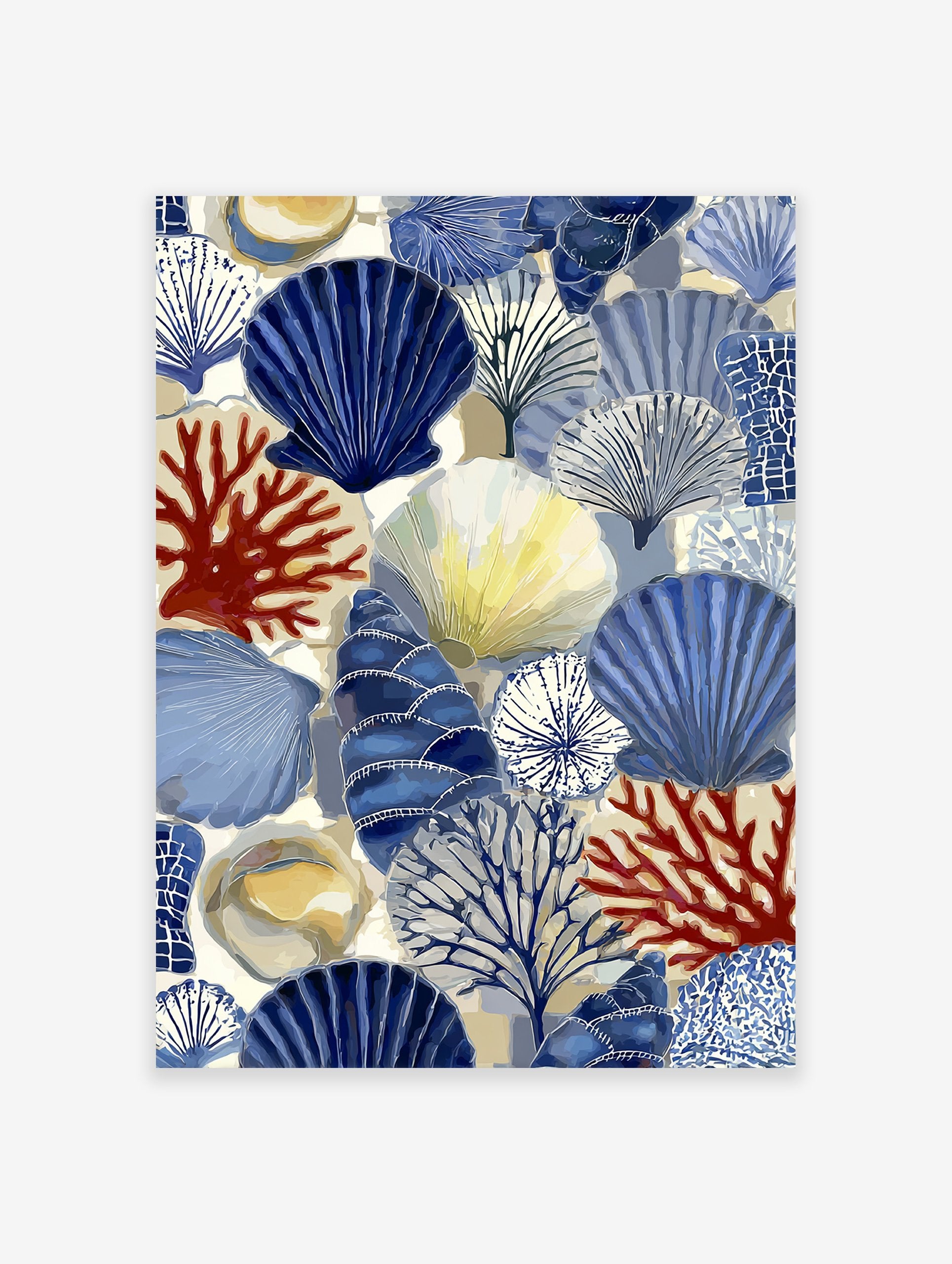 Abstract coastal wall art with blue seashells, red coral, and yellow shells on a cream background, marine life illustration.