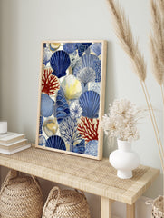 Abstract coastal wall art with blue seashells, red coral, and yellow shells on a cream background, marine life illustration. - Image 3
