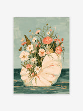 Coastal shell vase floral art print with pink flowers, green leaves, and butterflies on teal background