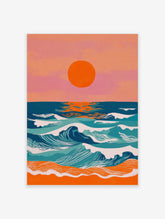 Vibrant coastal sunset art print with large orange sun, blue and teal ocean waves, and orange beach