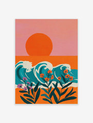 Illustrative coastal wall art with orange sun, teal waves, and orange and purple tropical flowers