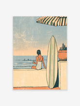 Coastal surf print of a woman in a striped swimsuit sitting on a wall beside a surfboard and striped parasol