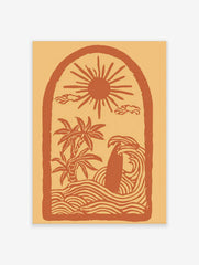 Illustrative coastal scene art print with sun, palm trees, surfboard in waves, within an arch frame
