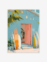 Painterly art print of a light blue building, pink door, and orange, white, yellow surfboards leaning against a wall