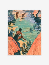 Coastal swimmers art print with three figures in blue water, orange rocks and dark seaweed