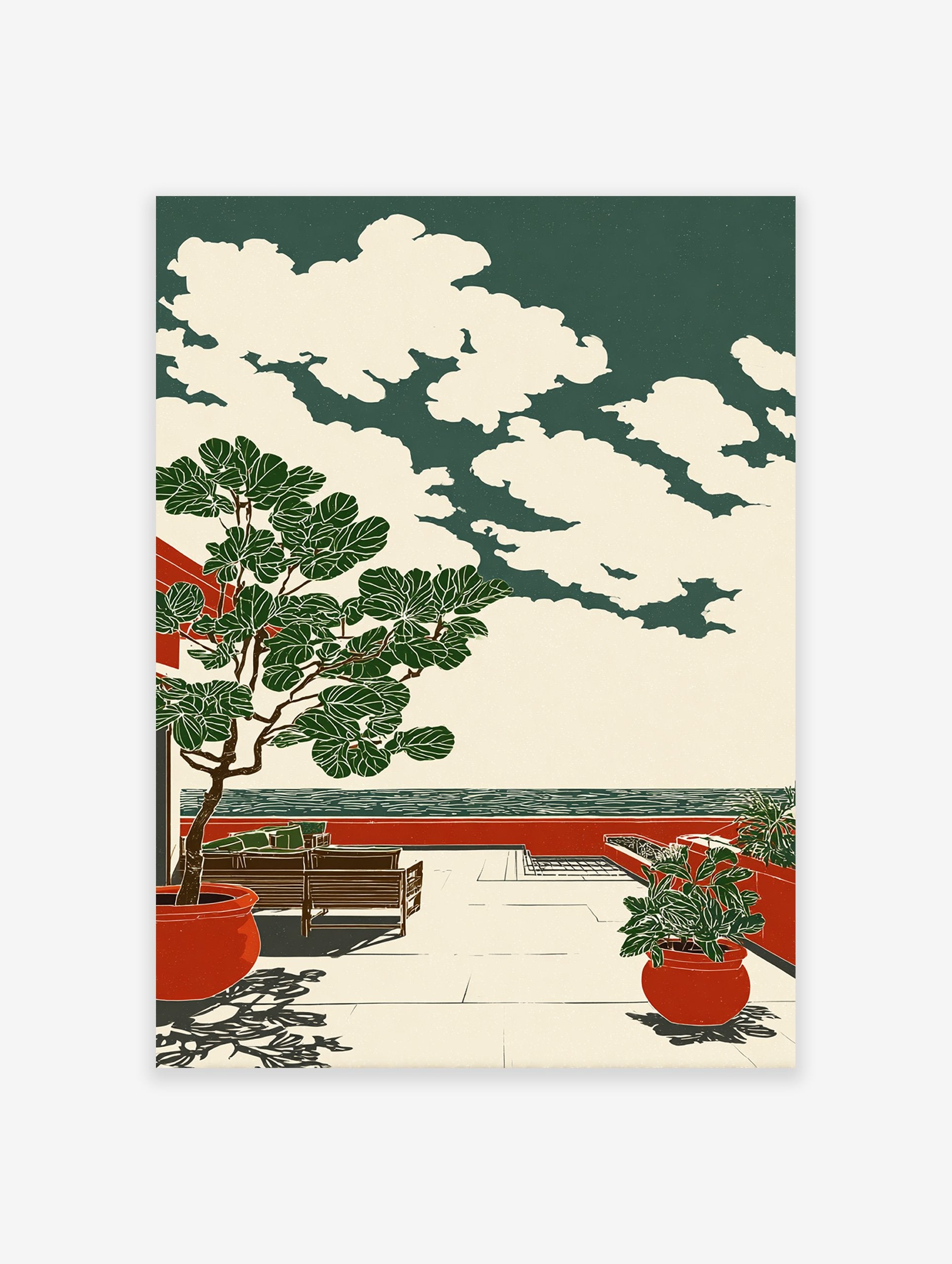 Illustrative coastal terrace print with a large fig tree in a red pot, a bench, and sea view under a cloudy sky.