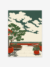 Illustrative coastal terrace print with a large fig tree in a red pot, a bench, and sea view under a cloudy sky.