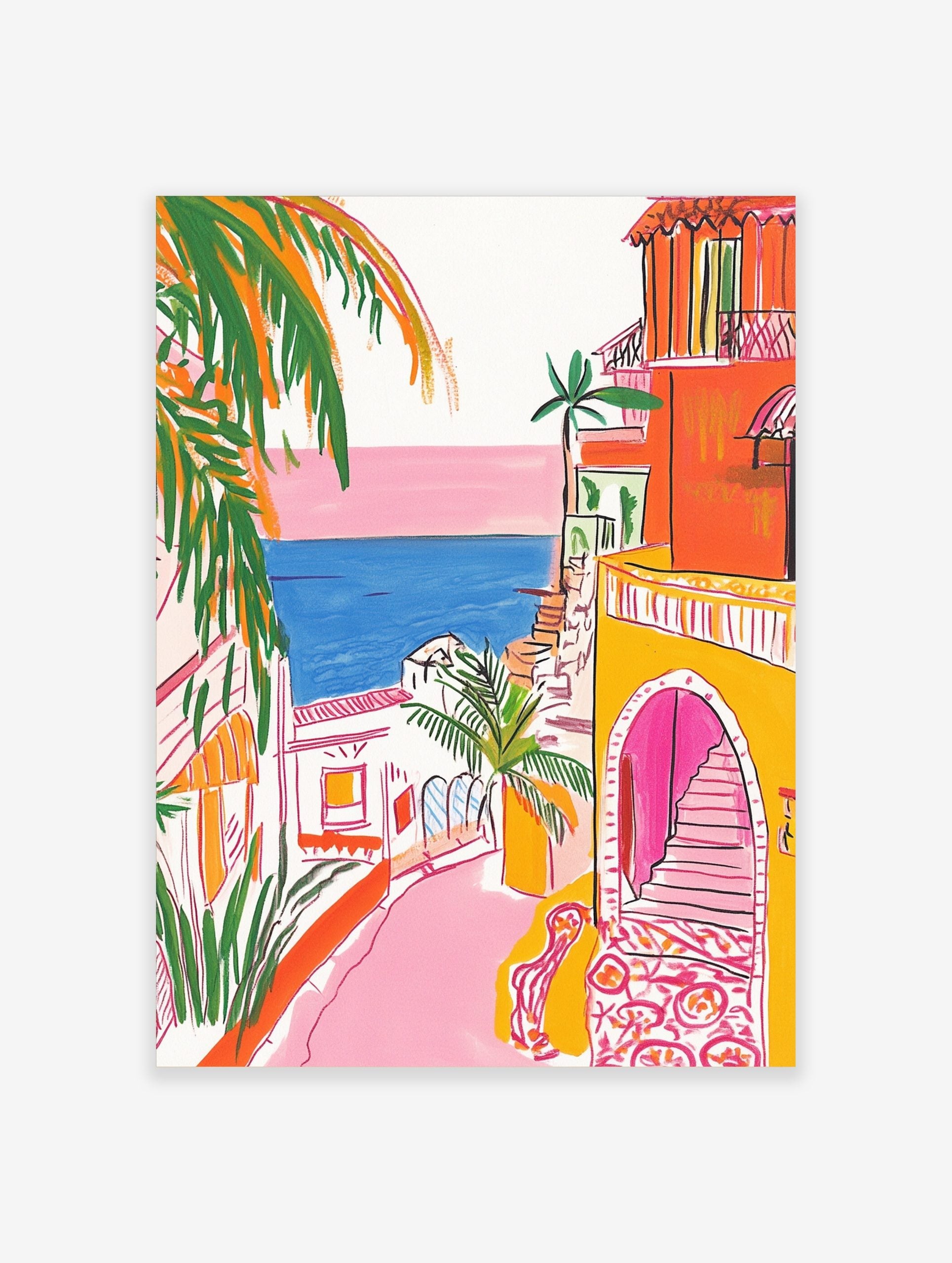 Illustrative coastal town scene with orange buildings, pink street, blue sea, and green palm trees under a pink sky