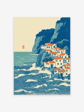Japanese style coastal village art print with blue sea, orange roof houses on cliffs and crashing waves