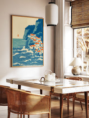 Japanese style coastal village art print with blue sea, orange roof houses on cliffs and crashing waves - Image 2