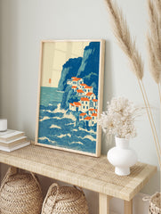 Japanese style coastal village art print with blue sea, orange roof houses on cliffs and crashing waves - Image 3