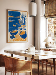 Coastal village poster showing blue and orange boats in a harbor with buildings, steps, and a sailboat. - Image 2