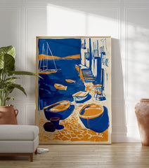 Coastal village poster showing blue and orange boats in a harbor with buildings, steps, and a sailboat. - Image 3