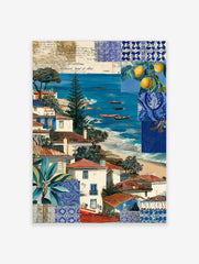 Coastal village scene with white and blue houses, red roofs, blue sea, boats, and blue tile patterns