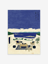 Coastal wall art showing a Japanese-inspired terrace overlooking a blue sea with islands, featuring a table, chairs, and plants.